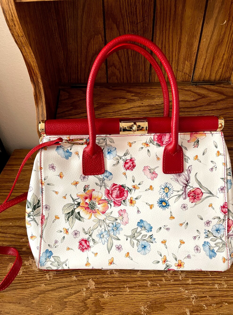 Renata Corsi Floral Print Satchel Handbag with Red Trim Purse
